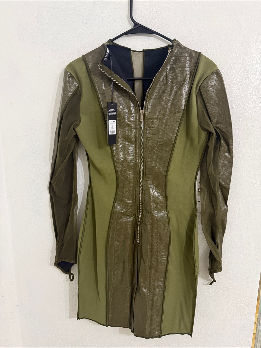 Fashion Nova Olive Green Mixed-Media Zip-Front Trench